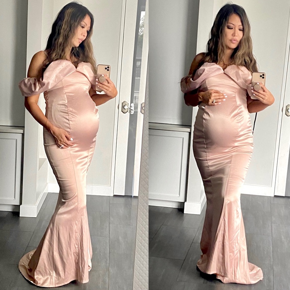 CLUB L BLUSH PINK MATERNITY RUFFLE SATIN GOWN